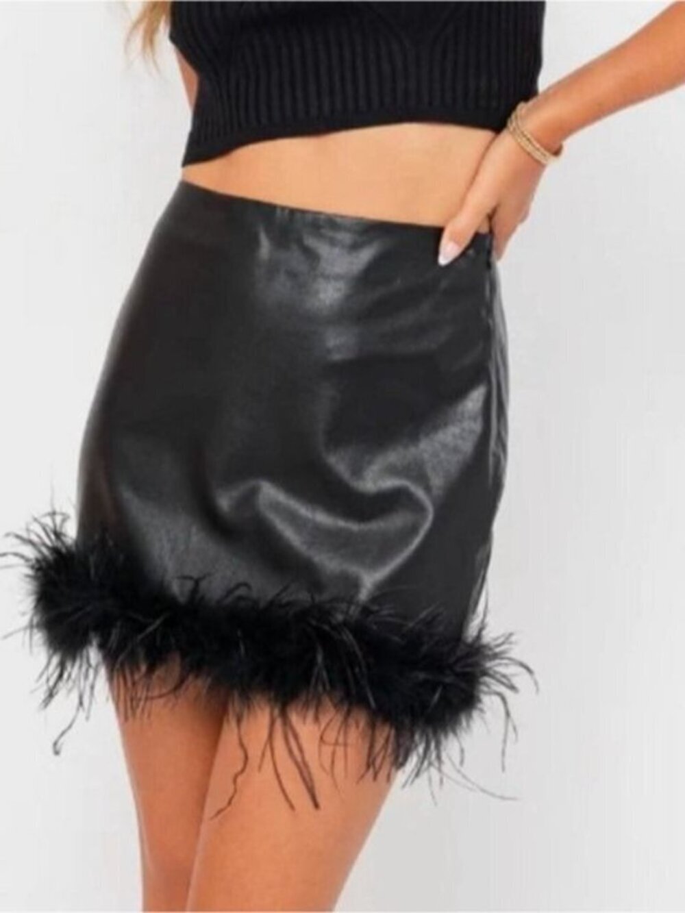 Le Lis Black Faux Leather Feather Trim Mini Skirt